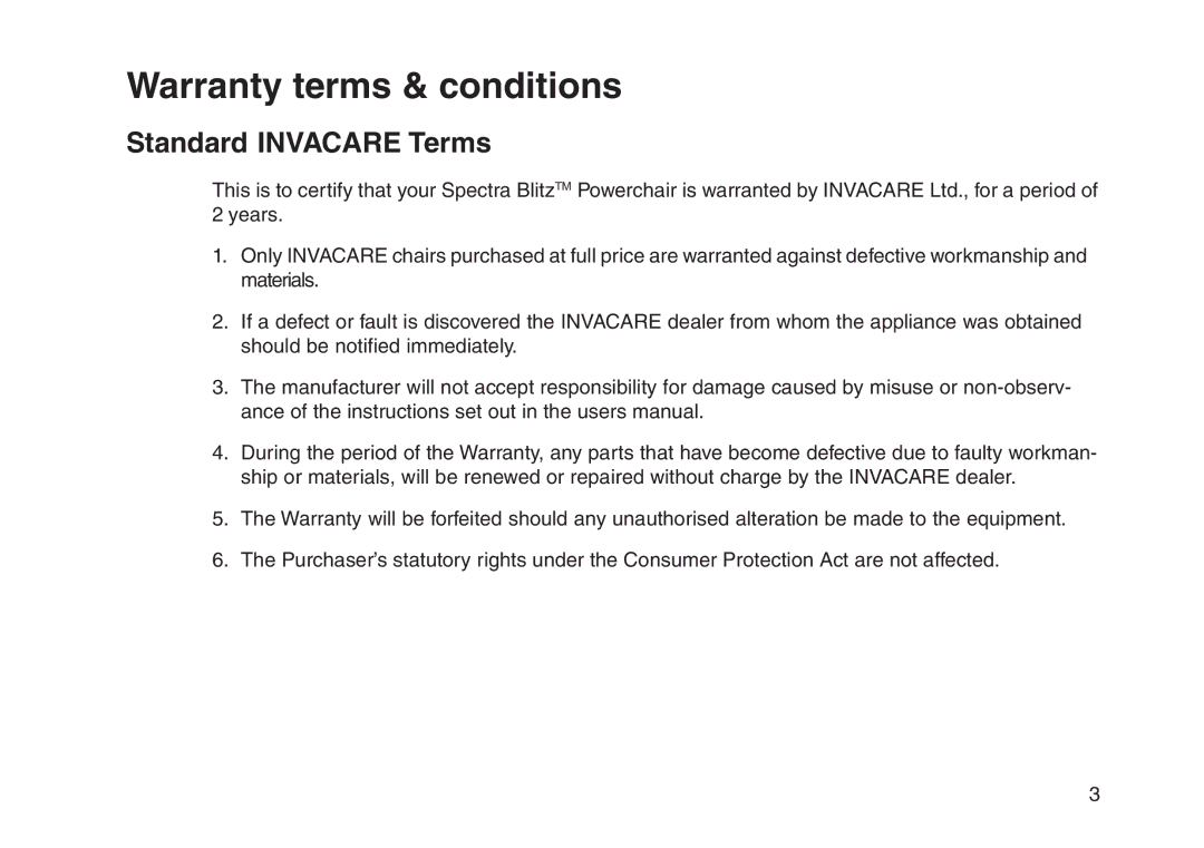 Invacare User guide manual Warranty terms & conditions, Standard Invacare Terms 