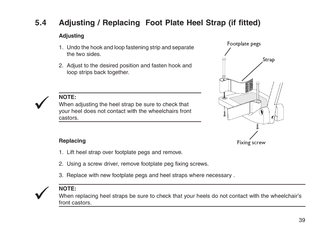 Invacare User guide manual Adjusting / Replacing Foot Plate Heel Strap if fitted 