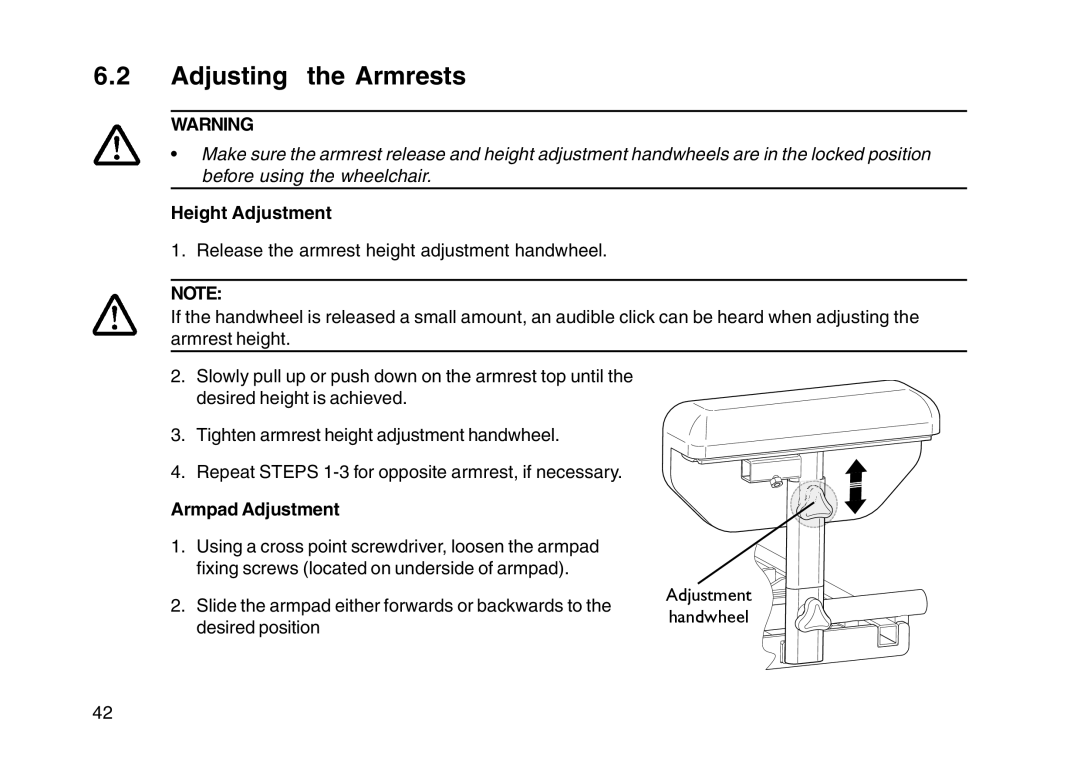 Invacare User guide manual Adjusting the Armrests, Height Adjustment, Armpad Adjustment 