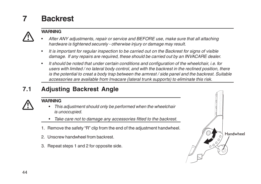 Invacare User guide manual Adjusting Backrest Angle 