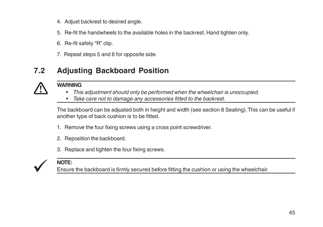 Invacare User guide manual Adjusting Backboard Position 