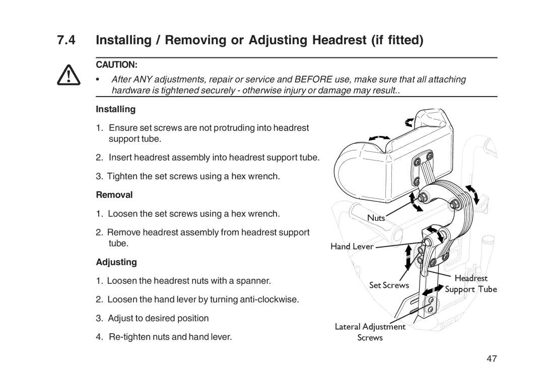 Invacare User guide manual Installing / Removing or Adjusting Headrest if fitted, Removal 