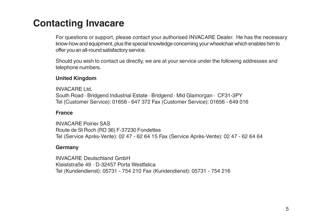 Invacare User guide manual Contacting Invacare, United Kingdom, France, Germany 