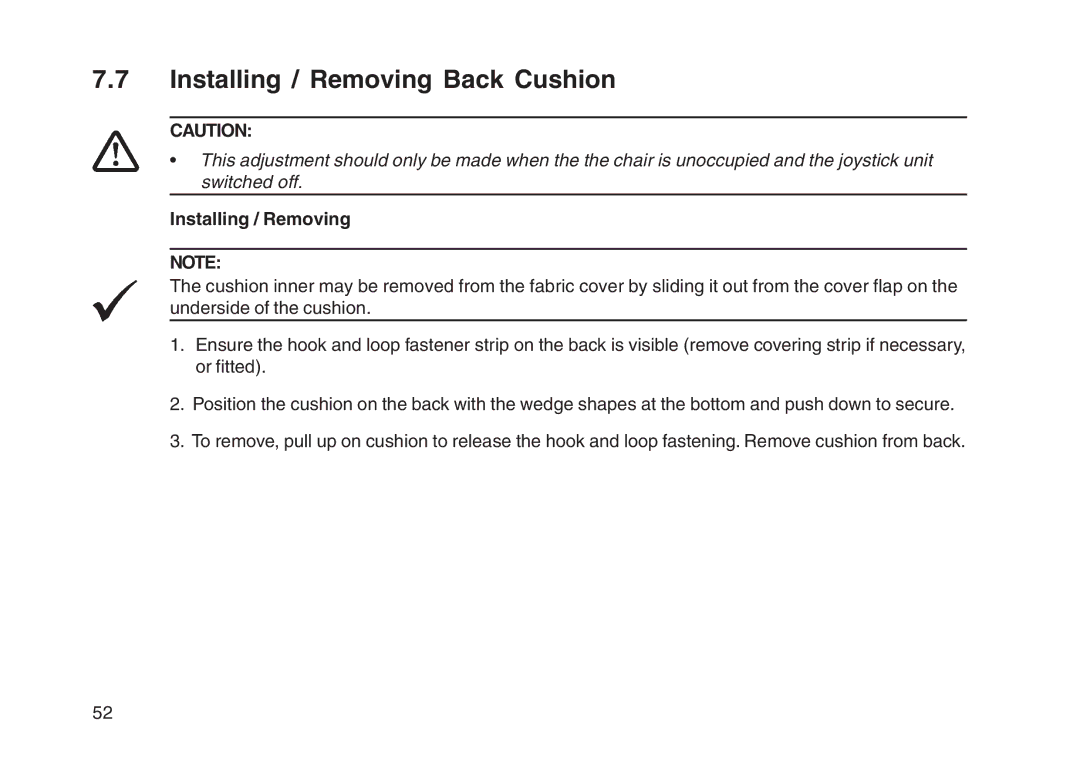 Invacare User guide manual Installing / Removing Back Cushion 