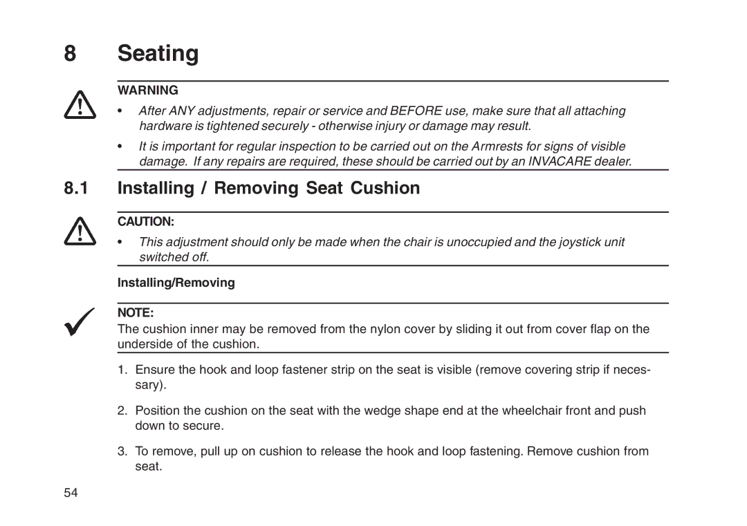 Invacare User guide manual Seating, Installing / Removing Seat Cushion, Installing/Removing 