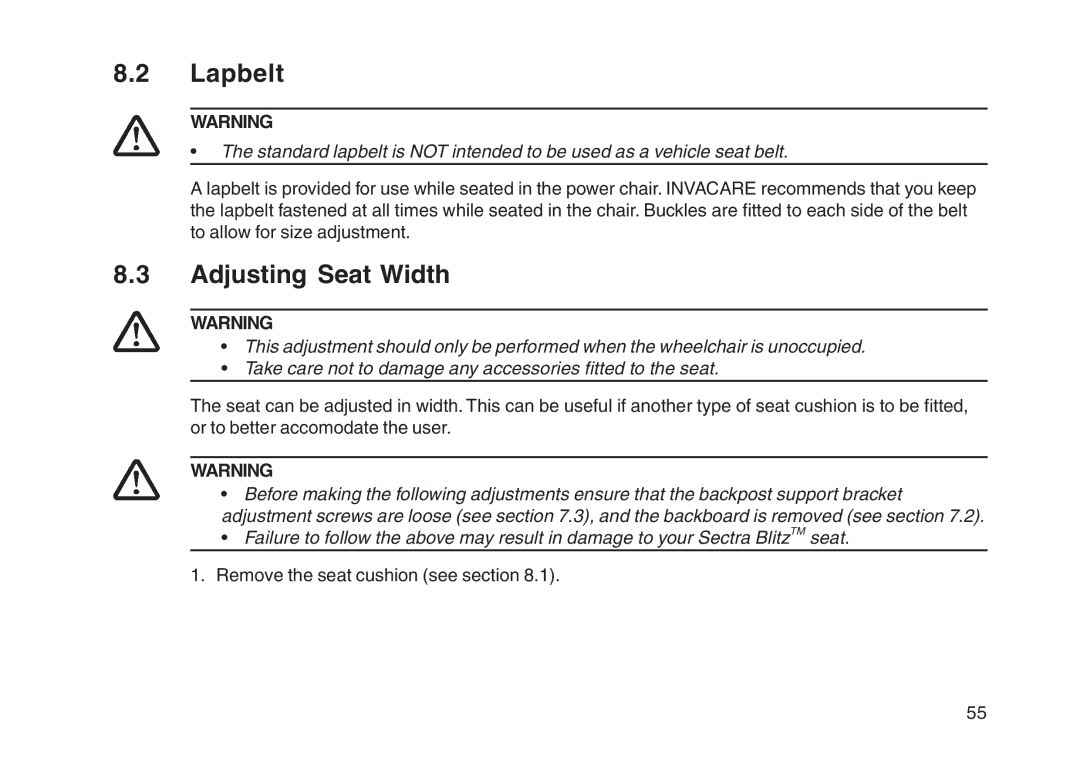 Invacare User guide manual Lapbelt, Adjusting Seat Width 