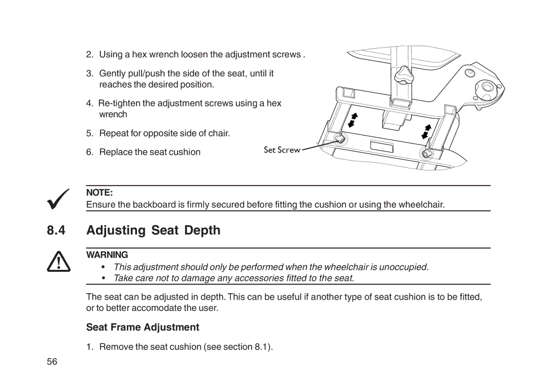 Invacare User guide manual Adjusting Seat Depth, Seat Frame Adjustment 