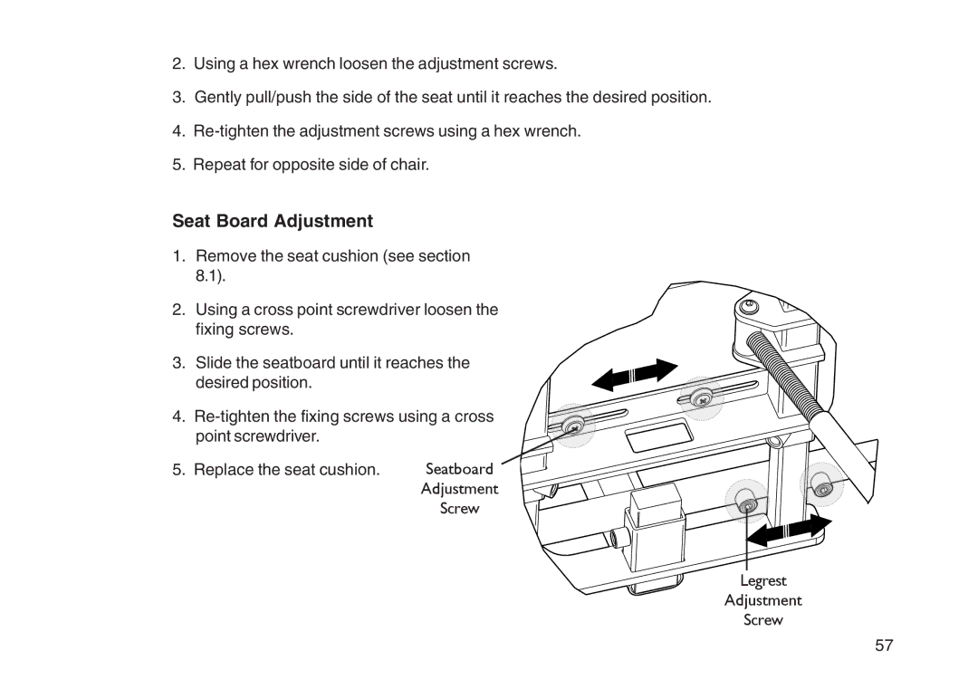 Invacare User guide manual Seat Board Adjustment 