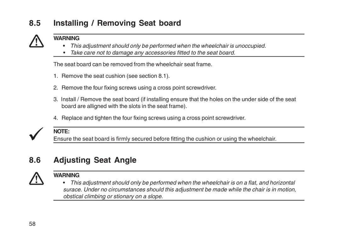 Invacare User guide manual Installing / Removing Seat board, Adjusting Seat Angle 