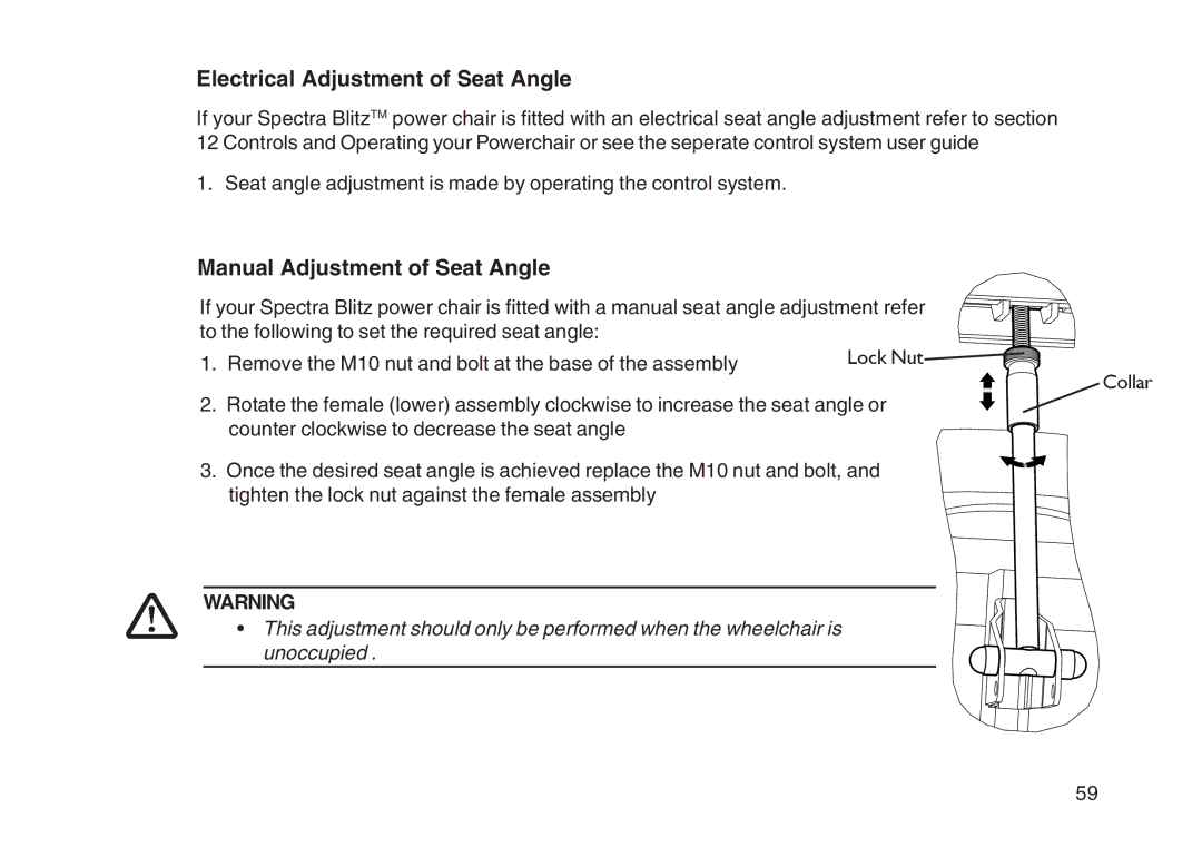 Invacare User guide manual Electrical Adjustment of Seat Angle 