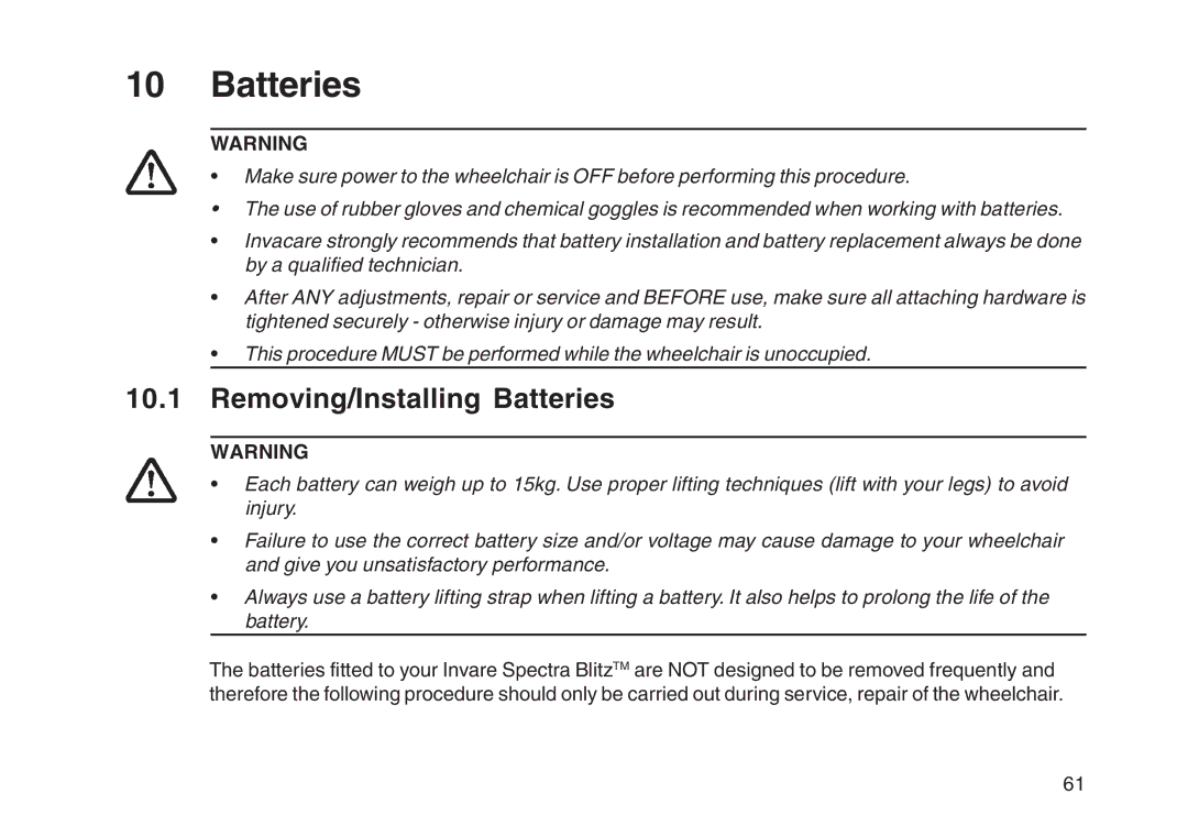 Invacare User guide manual Removing/Installing Batteries 