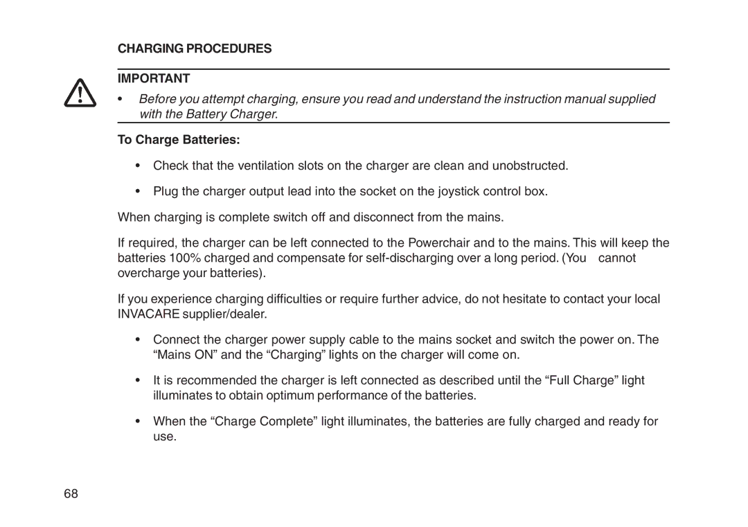 Invacare User guide manual Charging Procedures, To Charge Batteries 