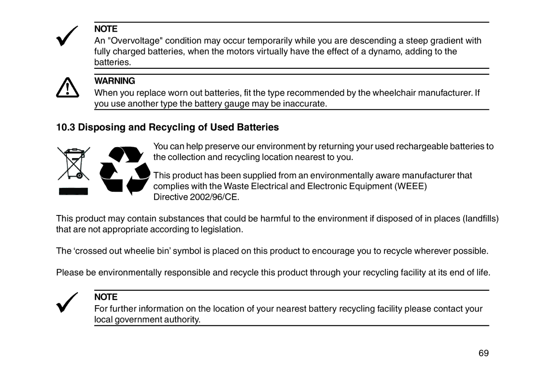 Invacare User guide manual Disposing and Recycling of Used Batteries 