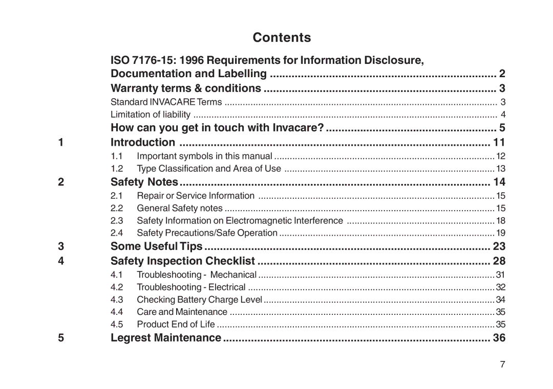 Invacare User guide manual Contents 