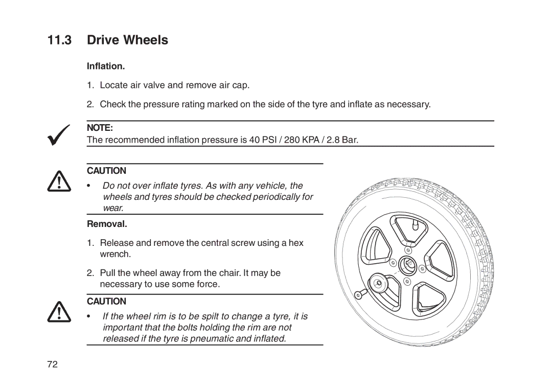 Invacare User guide manual Drive Wheels, Inflation 