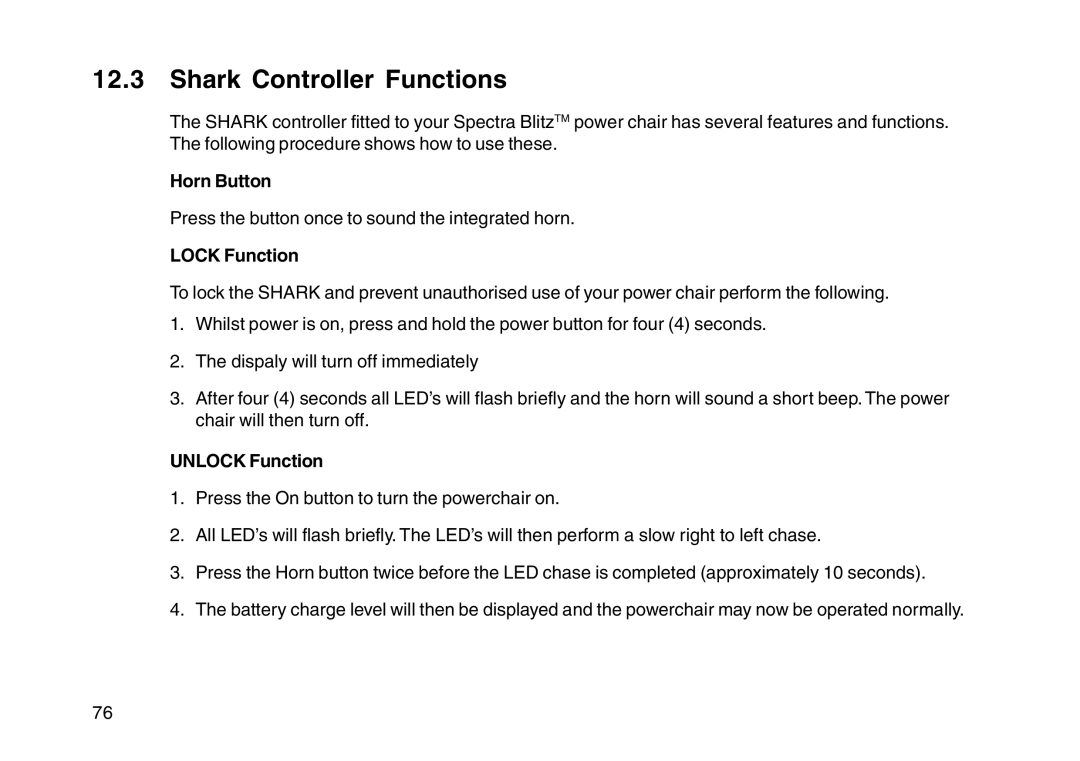 Invacare User guide manual Shark Controller Functions, Horn Button, Lock Function, Unlock Function 