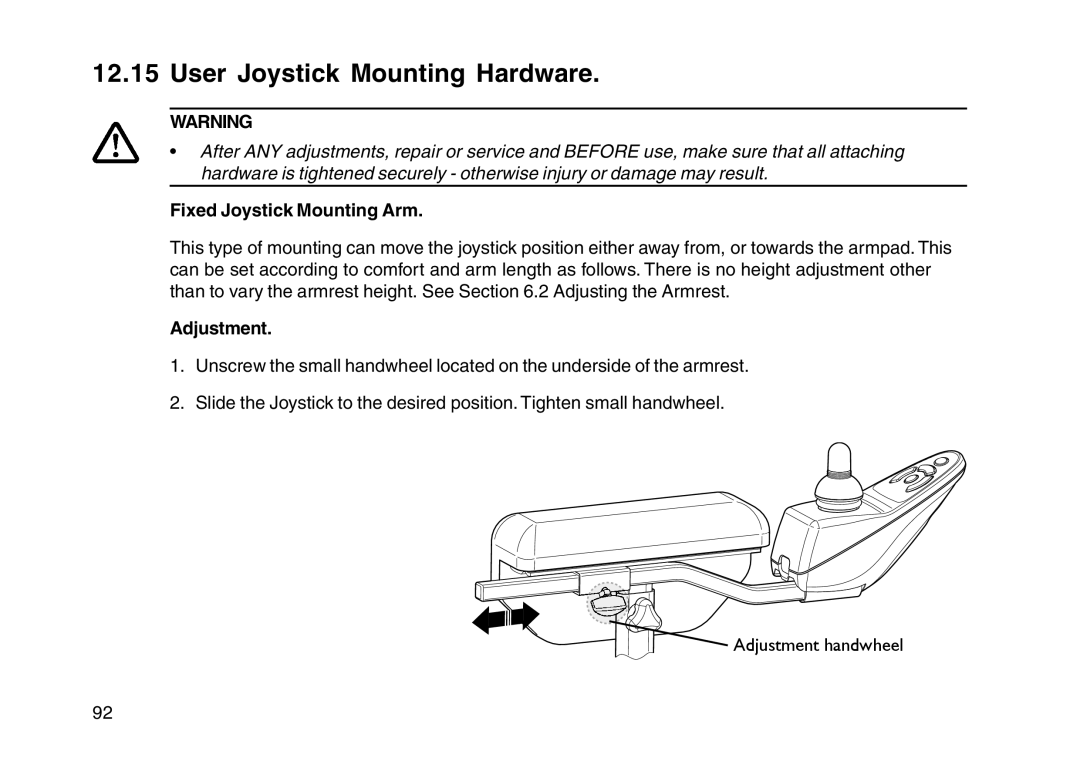 Invacare User guide manual User Joystick Mounting Hardware, Fixed Joystick Mounting Arm, Adjustment 