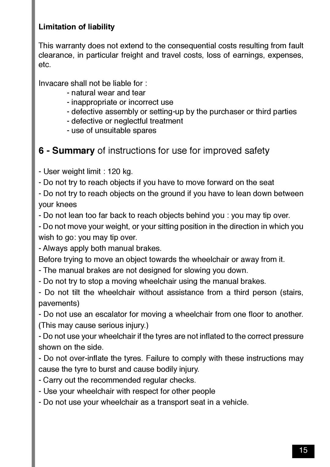 Invacare Variance Plus manual Summary of instructions for use for improved safety, Limitation of liability 