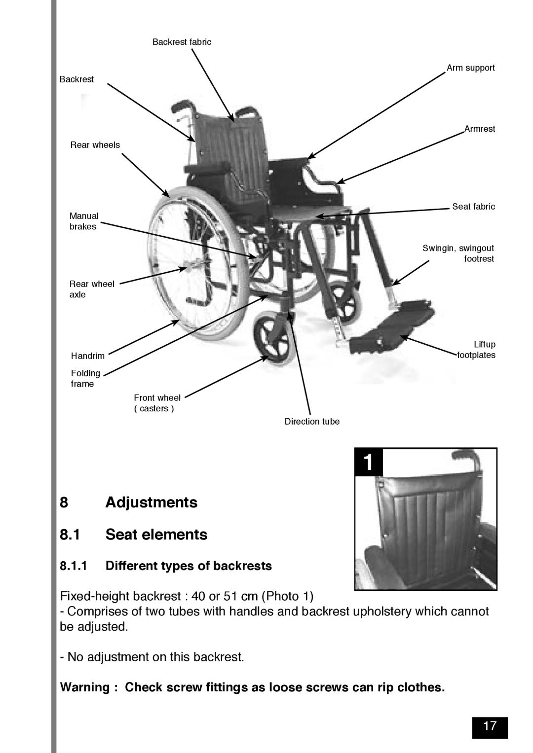 Invacare Variance Plus manual Adjustments Seat elements, Different types of backrests 