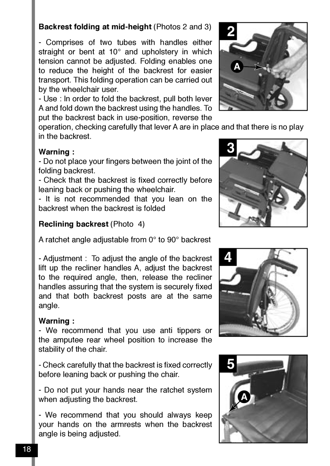 Invacare Variance Plus manual Backrest folding at mid-height Photos 2, Reclining backrest Photo 