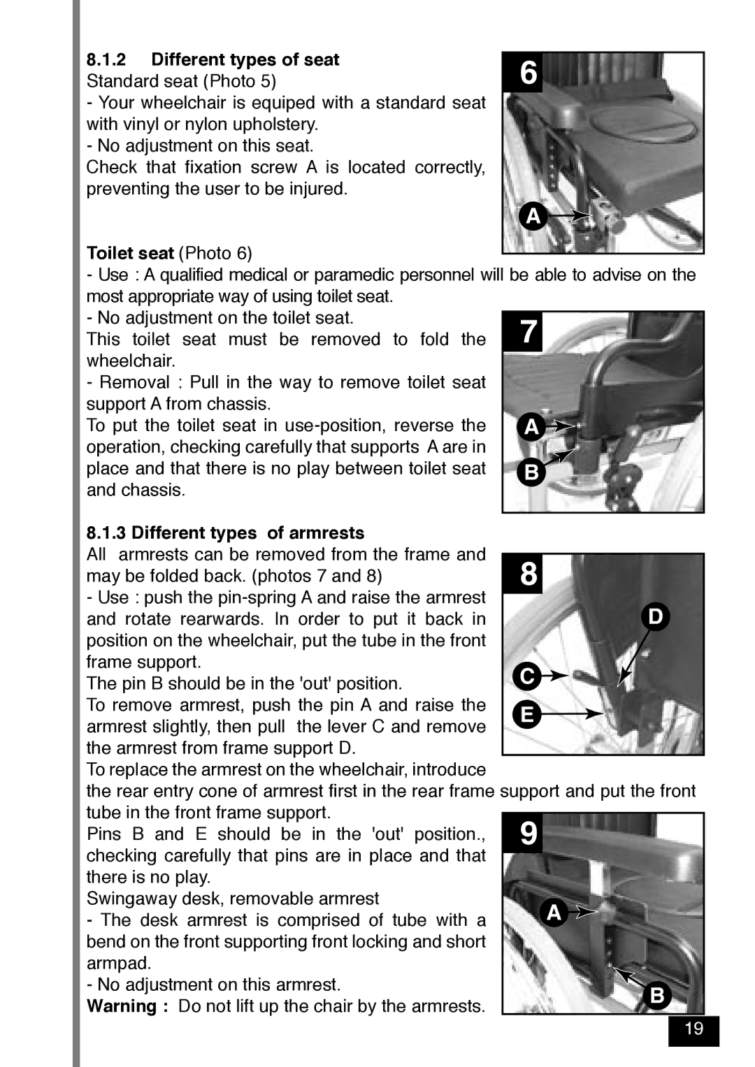 Invacare Variance Plus manual Different types of seat, Toilet seat Photo, Different types of armrests 