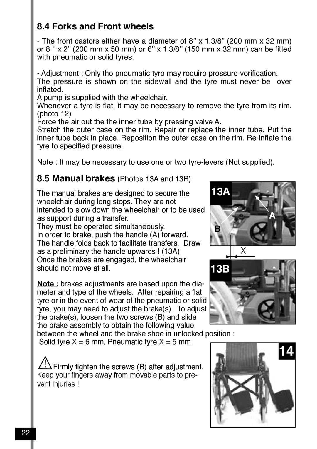 Invacare Variance Plus manual 13A, Forks and Front wheels 