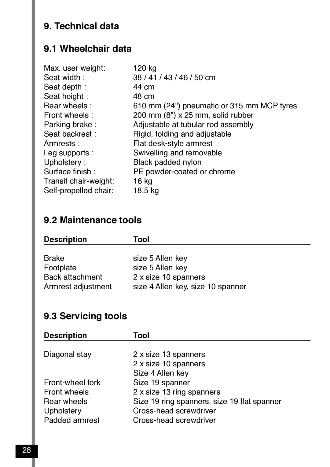 Invacare Variance Plus manual Technical data Wheelchair data, Maintenance tools, Servicing tools, Description Tool 