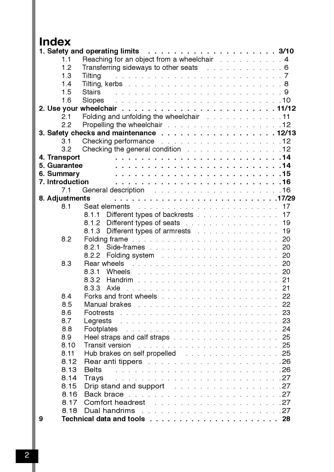 Invacare Variance Plus manual Index 