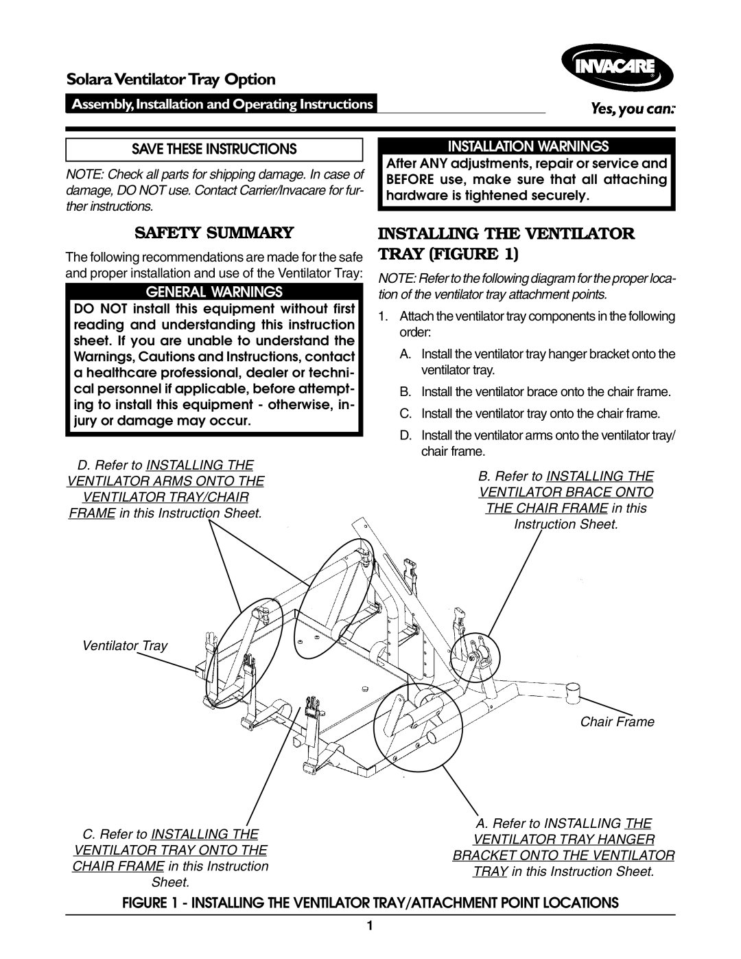 Invacare Ventilator Tray operating instructions SolaraVentilatorTray Option, Safety Summary 