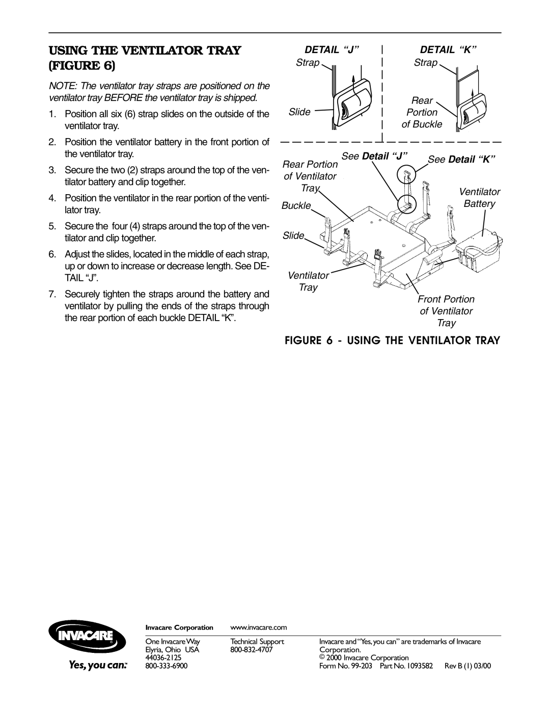 Invacare operating instructions Using the Ventilator Tray Figure, Detail J Detail K 