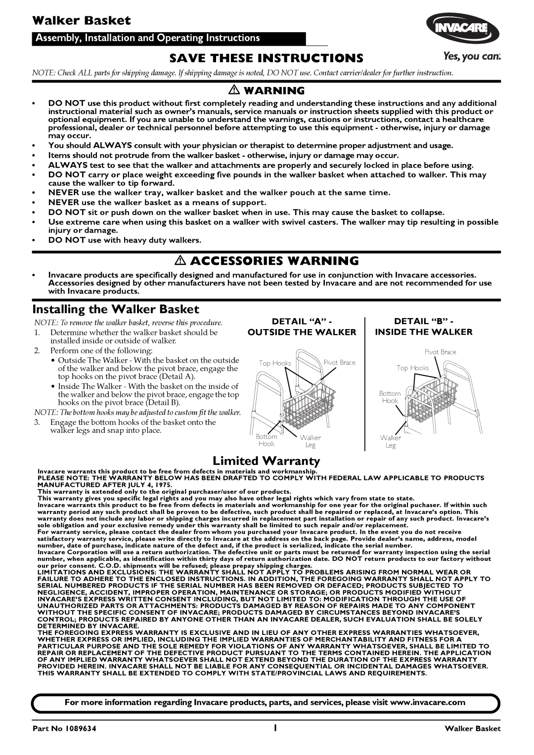 Invacare warranty Accessories Warning, Installing the Walker Basket, Limited Warranty 