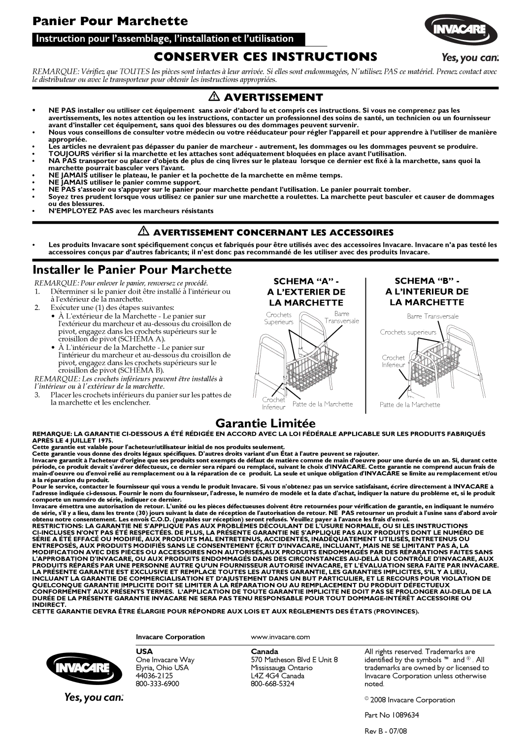 Invacare Walker Basket warranty Conserver CES Instructions, Installer le Panier Pour Marchette, Garantie Limitée 