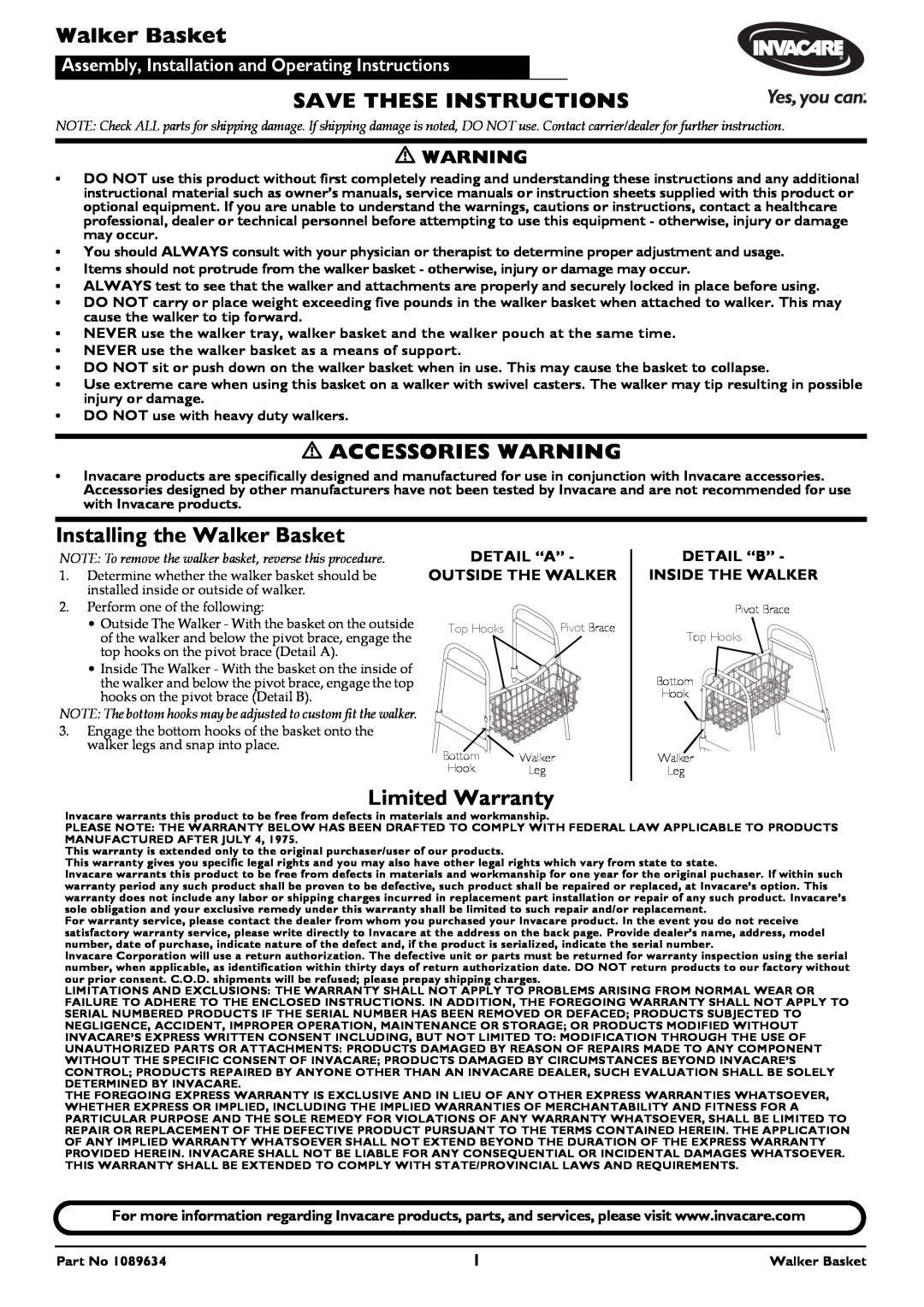 Invacare warranty Save These Instructions, Accessories Warning, Installing the Walker Basket, Limited Warranty 