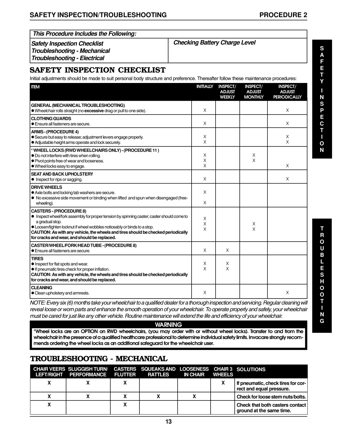 Invacare Wheelchair manual Safety Inspection Checklist, Troubleshooting Mechanical, Safety INSPECTION/TROUBLESHOOTING 