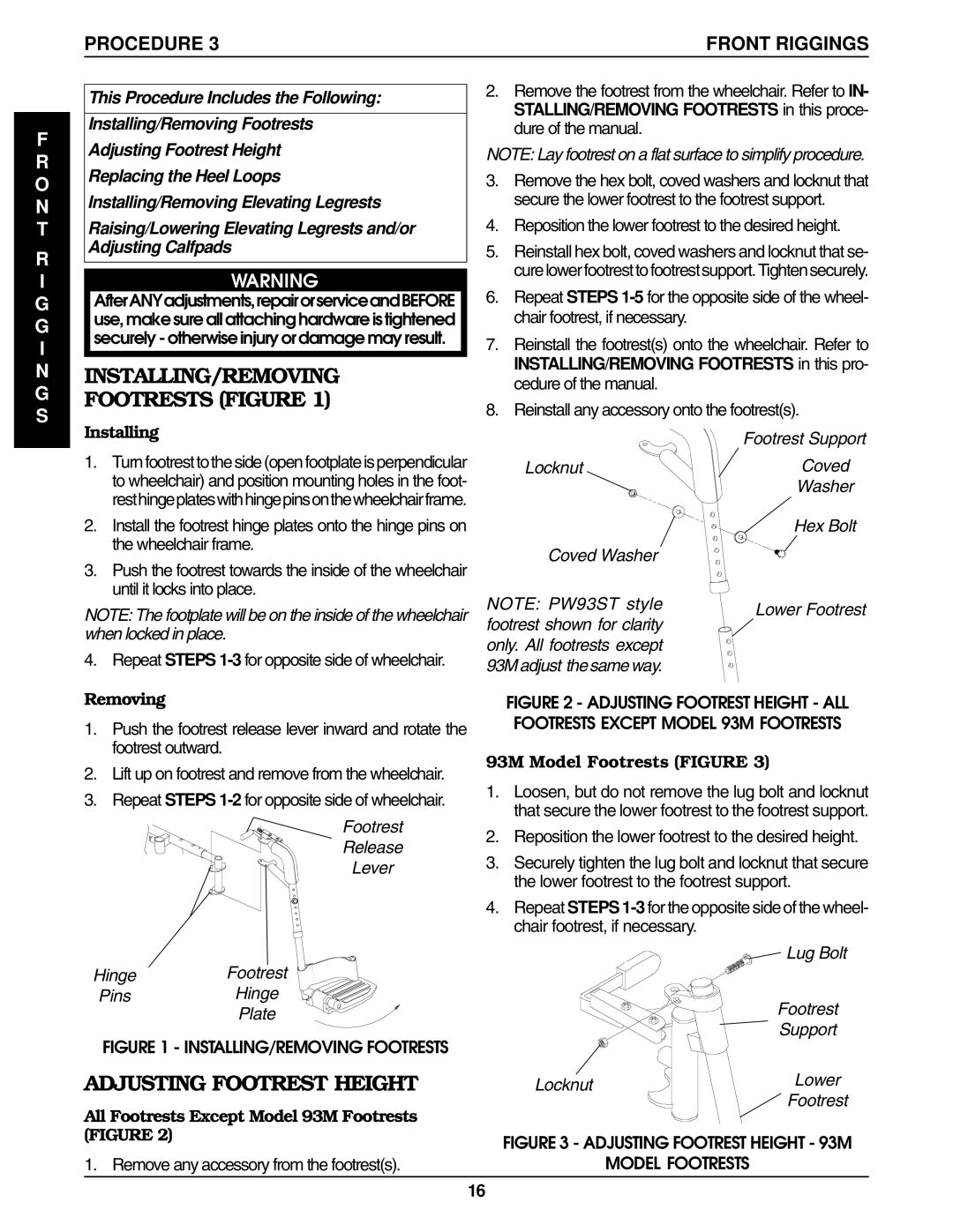 Invacare Wheelchair manual INSTALLING/REMOVING Footrests Figure, Adjusting Footrest Height, Procedure Front Riggings 