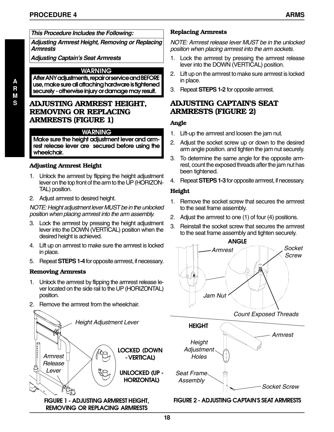 Invacare Wheelchair manual Adjusting Captains Seat Armrests Figure, Procedure Arms 