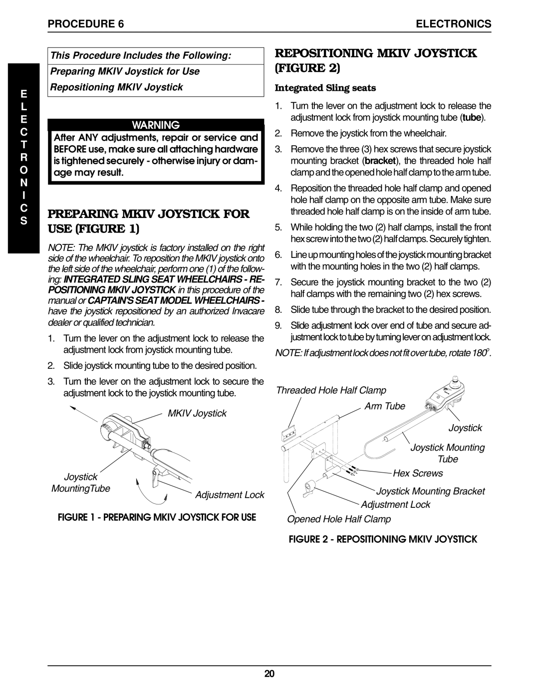 Invacare Wheelchair manual Repositioning Mkiv Joystick, Preparing Mkiv Joystick for USE Figure, C T R O N I C S 