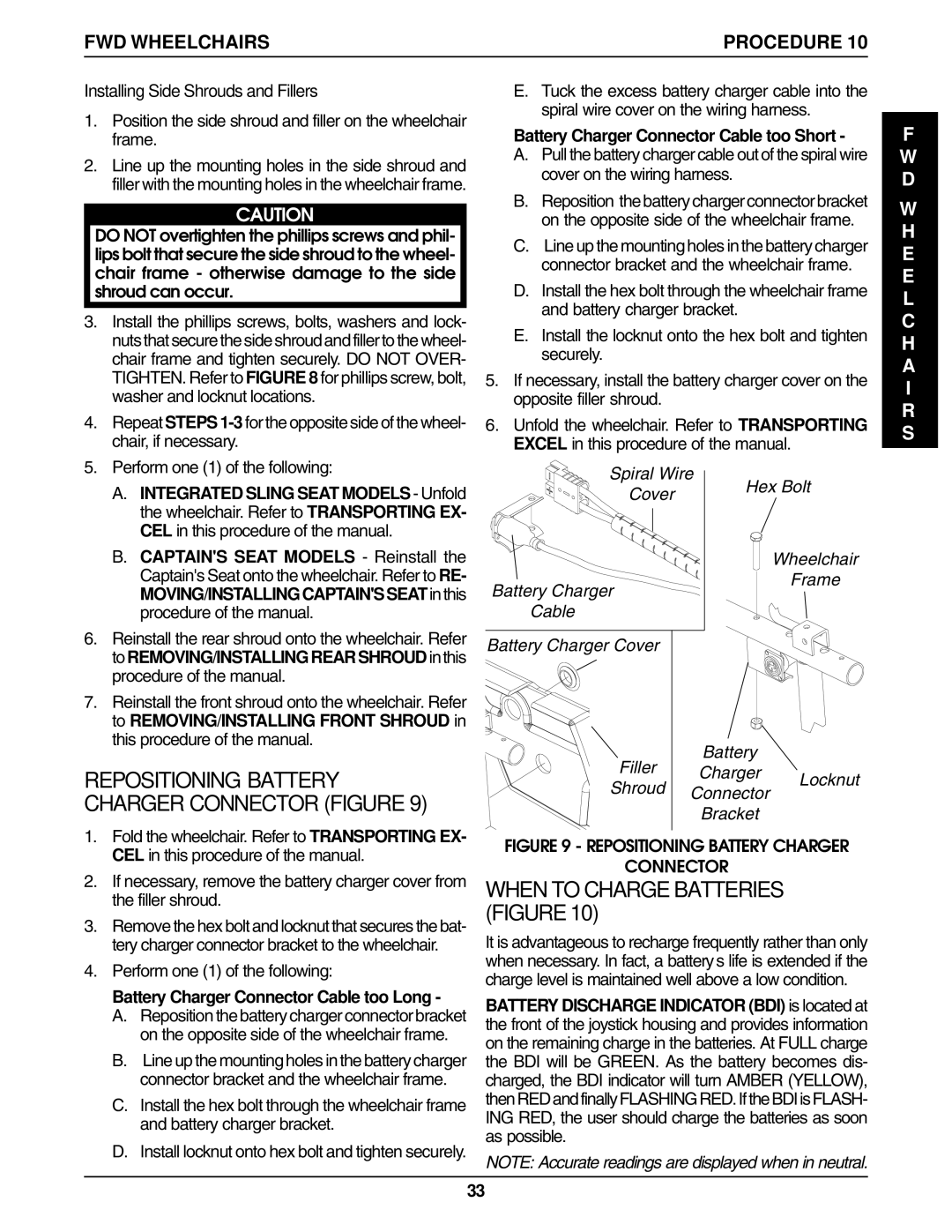 Invacare Wheelchair manual When to Charge Batteries Figure, Installing Side Shrouds and Fillers 