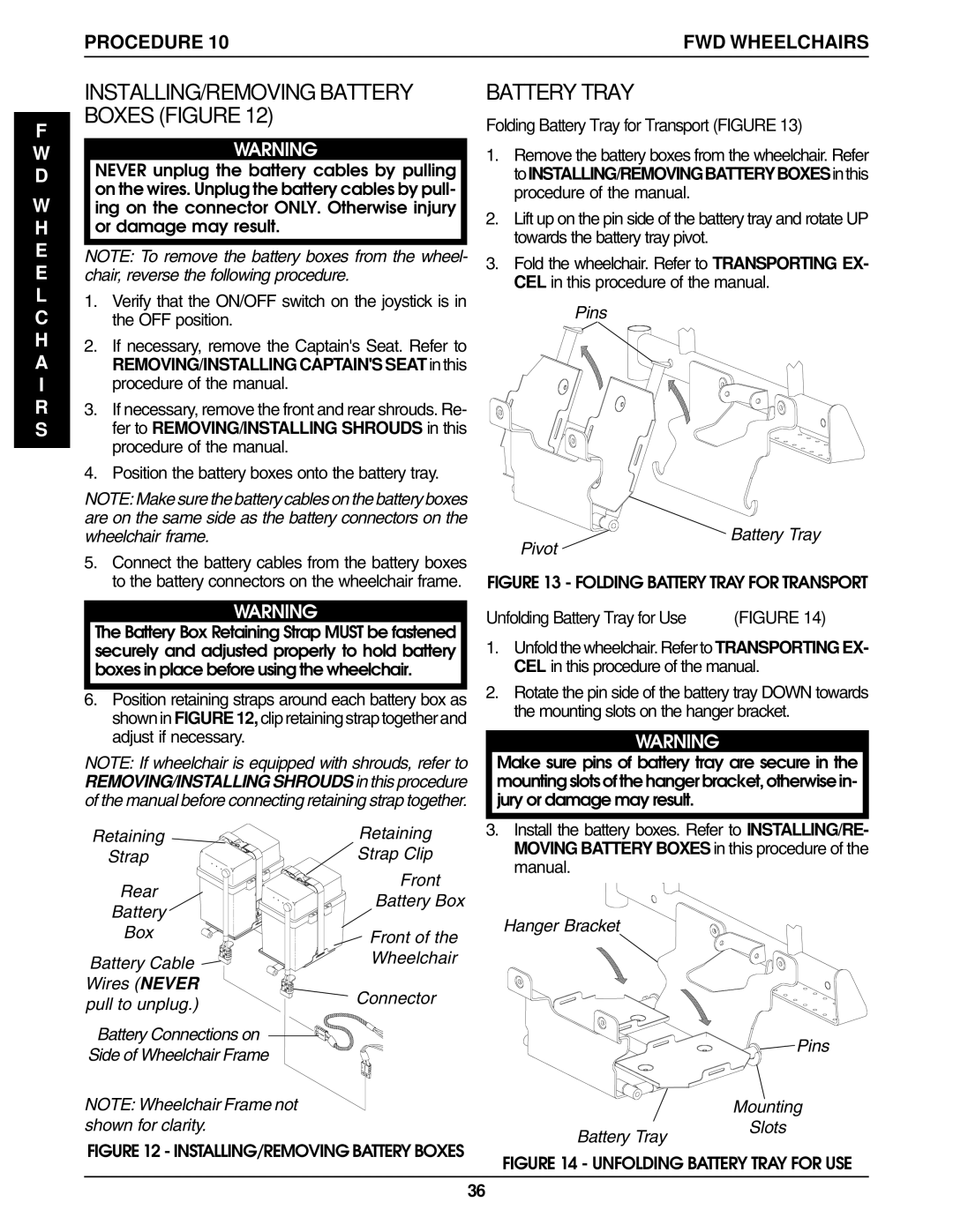 Invacare Wheelchair manual INSTALLING/REMOVING Battery Boxes Figure, Folding Battery Tray for Transport Figure 