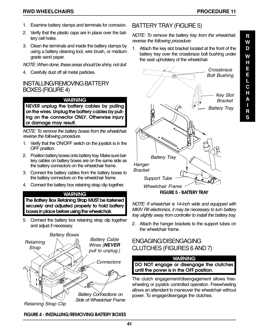 Invacare Wheelchair manual Battery Tray Figure, Engaging/Disengaging, Clutches Figures 6 