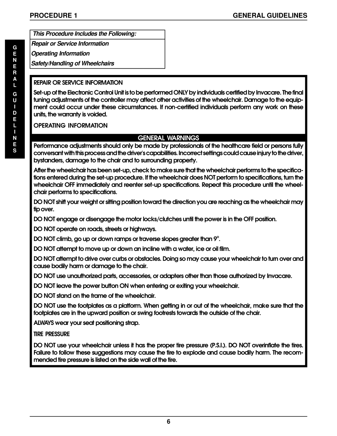 Invacare Wheelchair manual Procedure, Repair or Service Information 