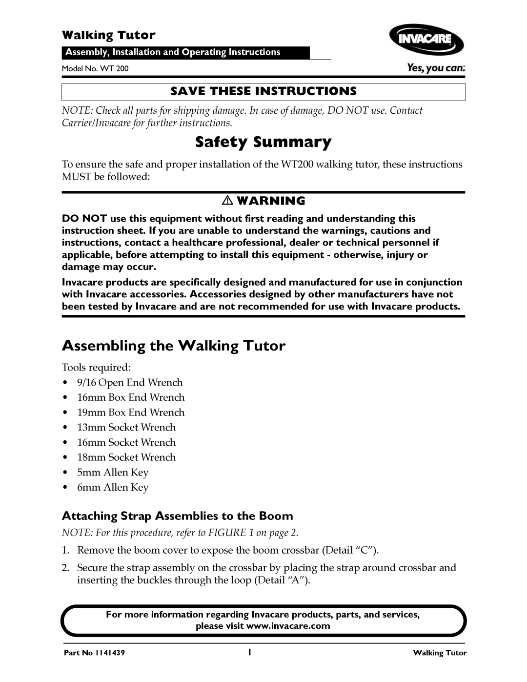 Invacare WT 200 instruction sheet Safety Summary, Assembling the Walking Tutor, Attaching Strap Assemblies to the Boom 