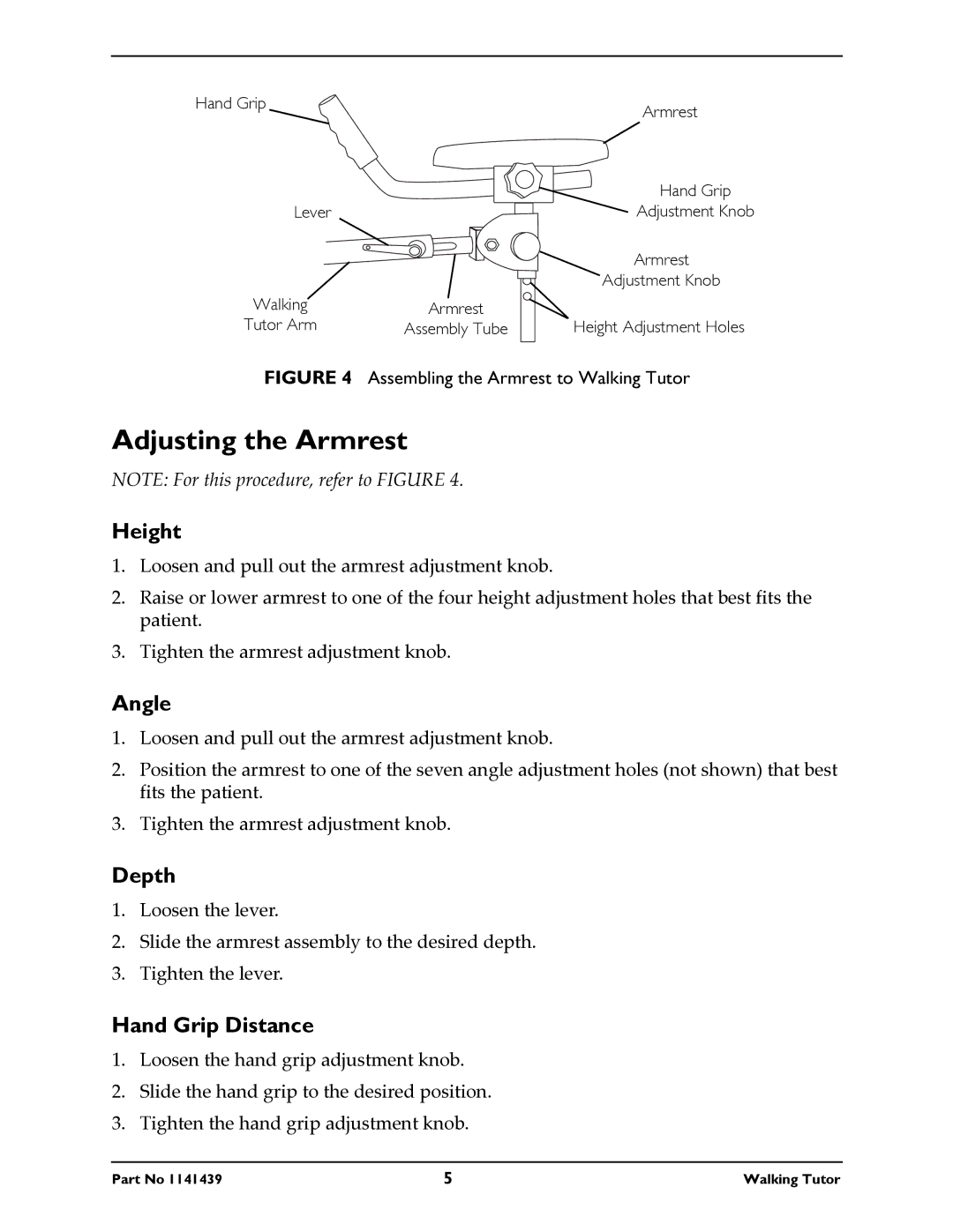 Invacare WT 200 instruction sheet Adjusting the Armrest, Height, Angle, Depth, Hand Grip Distance 