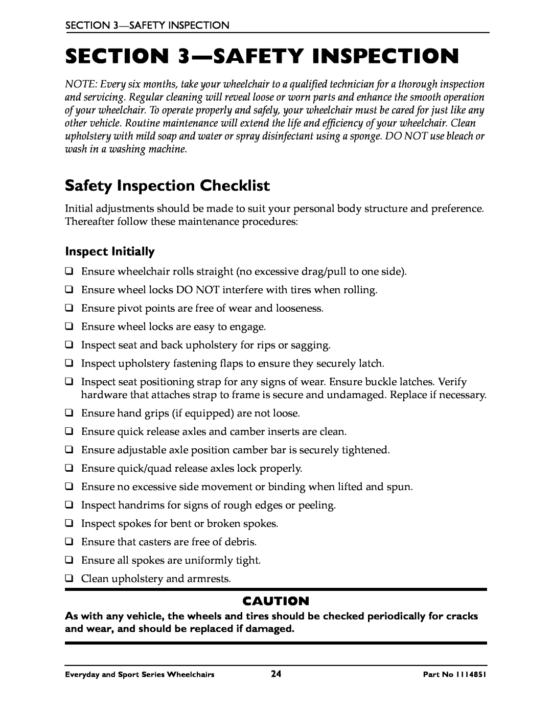 Invacare X-Terminator Titanium, X-Terminator QR, T-5 Tennis Elite manual Safety Inspection Checklist, Inspect Initially 