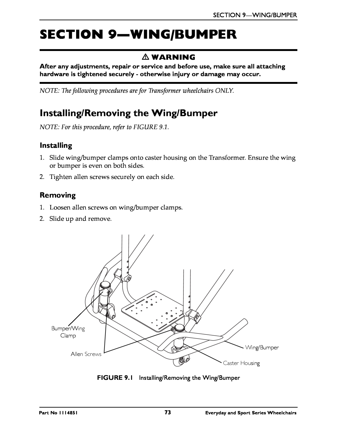 Invacare X-Terminator QR, Terminator BB Installing/Removing the Wing/Bumper, NOTE For this procedure, refer to FIGURE 