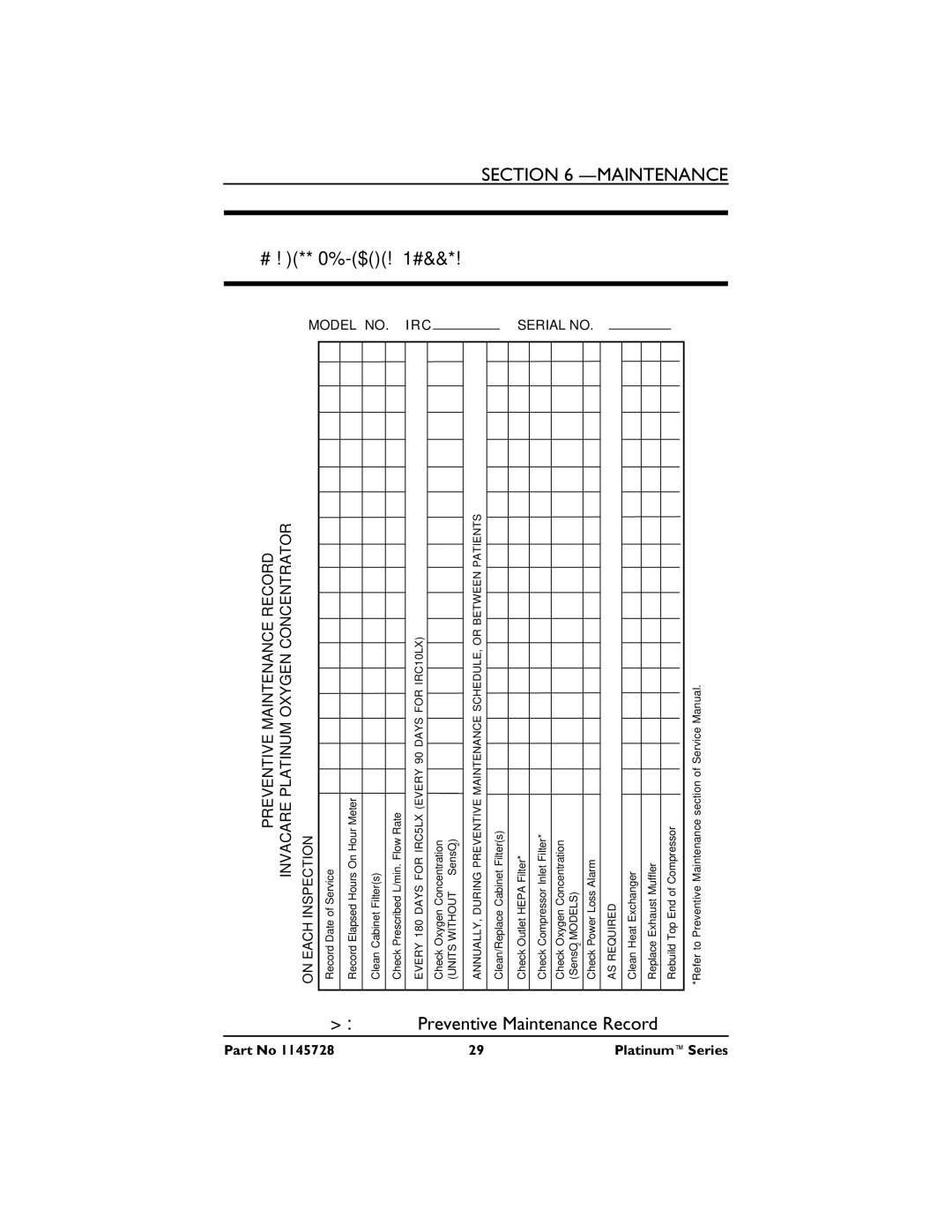 Invacare 10, XL, 5 manual Preventive Maintenance Record 