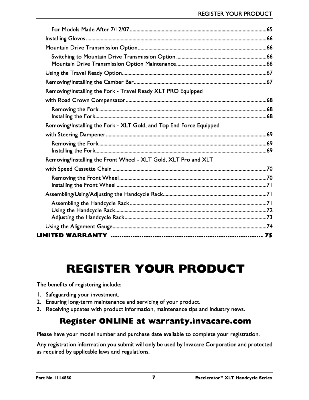 Invacare XLT Gold, XLTPRO, XLT Jr, Force Register Your Product, Register ONLINE at warranty.invacare.com, Limited Warranty 