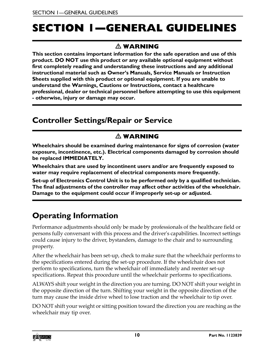 Invacare XP6520, XP6500 manual General Guidelines, Controller Settings/Repair or Service, Operating Information 