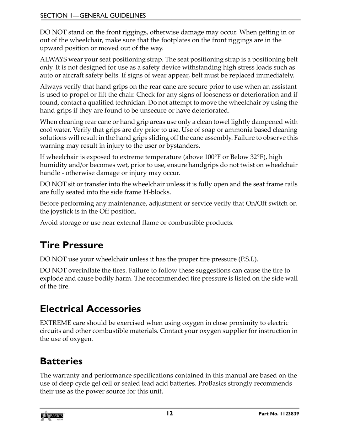 Invacare XP6520, XP6500 manual Tire Pressure, Electrical Accessories, Batteries 