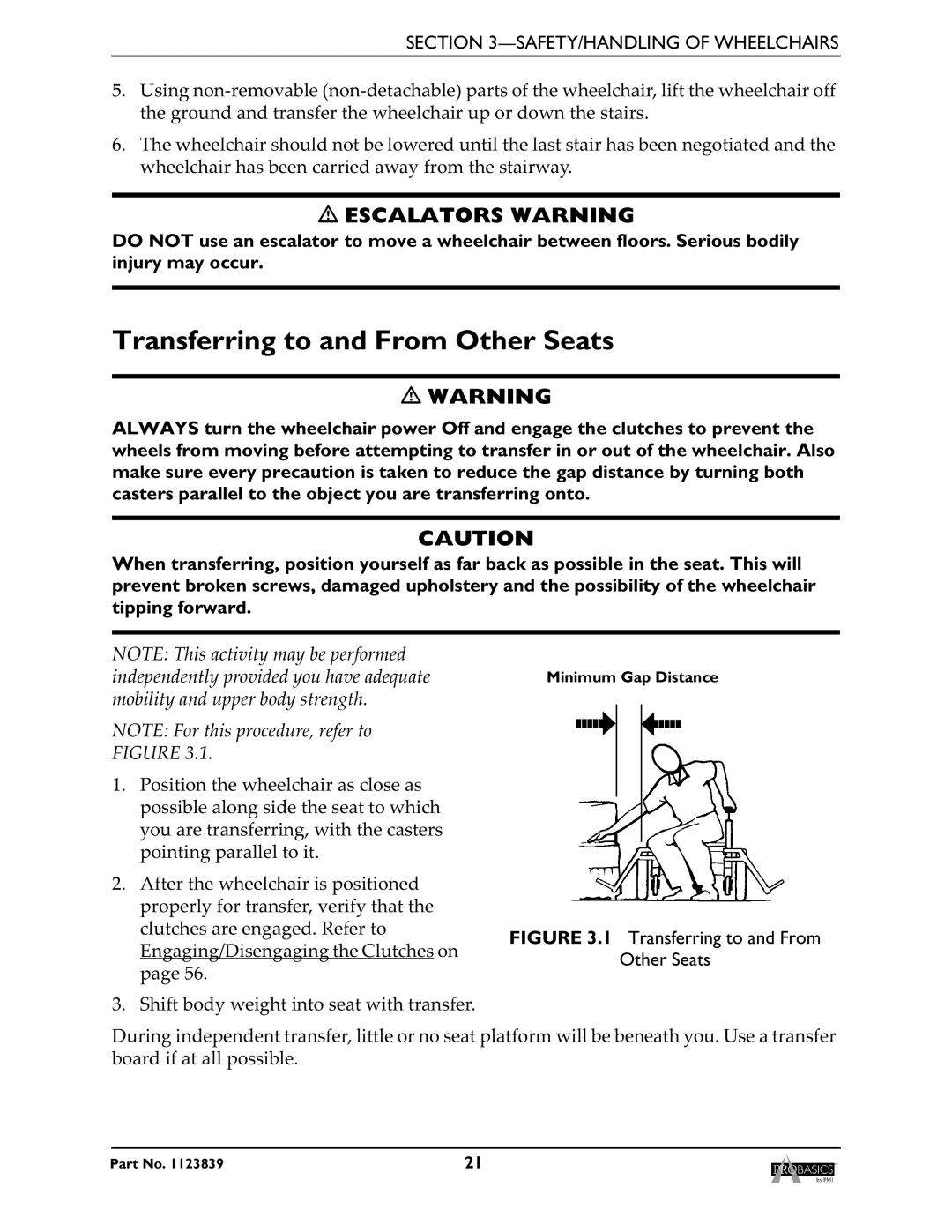 Invacare XP6500, XP6520 manual Transferring to and From Other Seats, Escalators Warning 